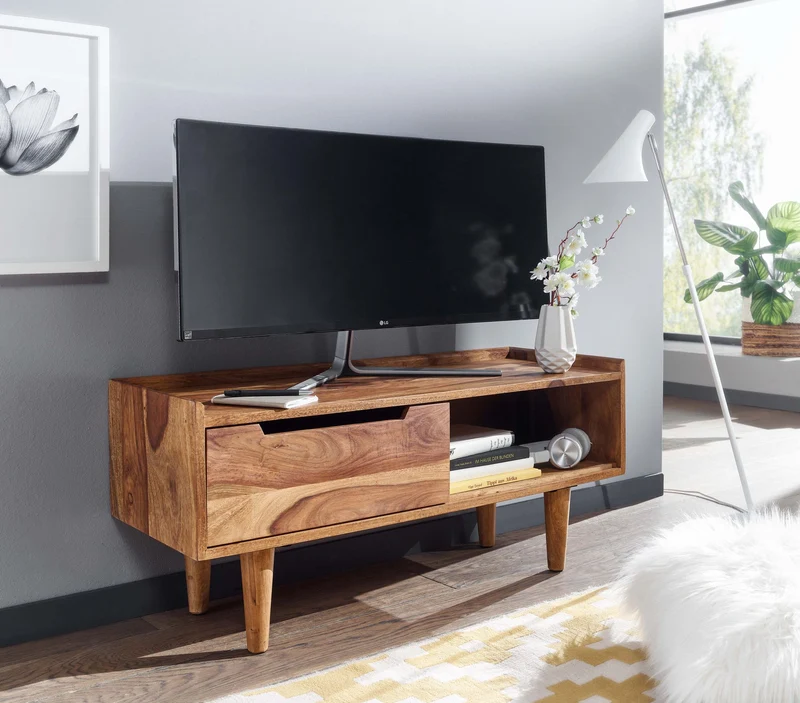 Lowboard Sheesham Massivholz 95x44x34cm TV-Kommode Schiebetür Modern