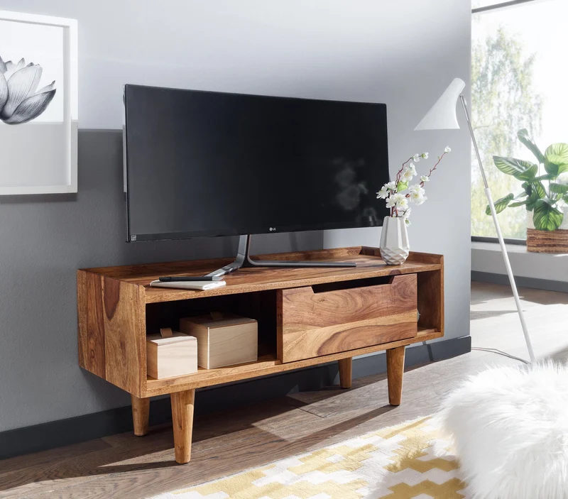 Lowboard Sheesham Massivholz 95x44x34cm TV-Kommode Schiebetür Modern