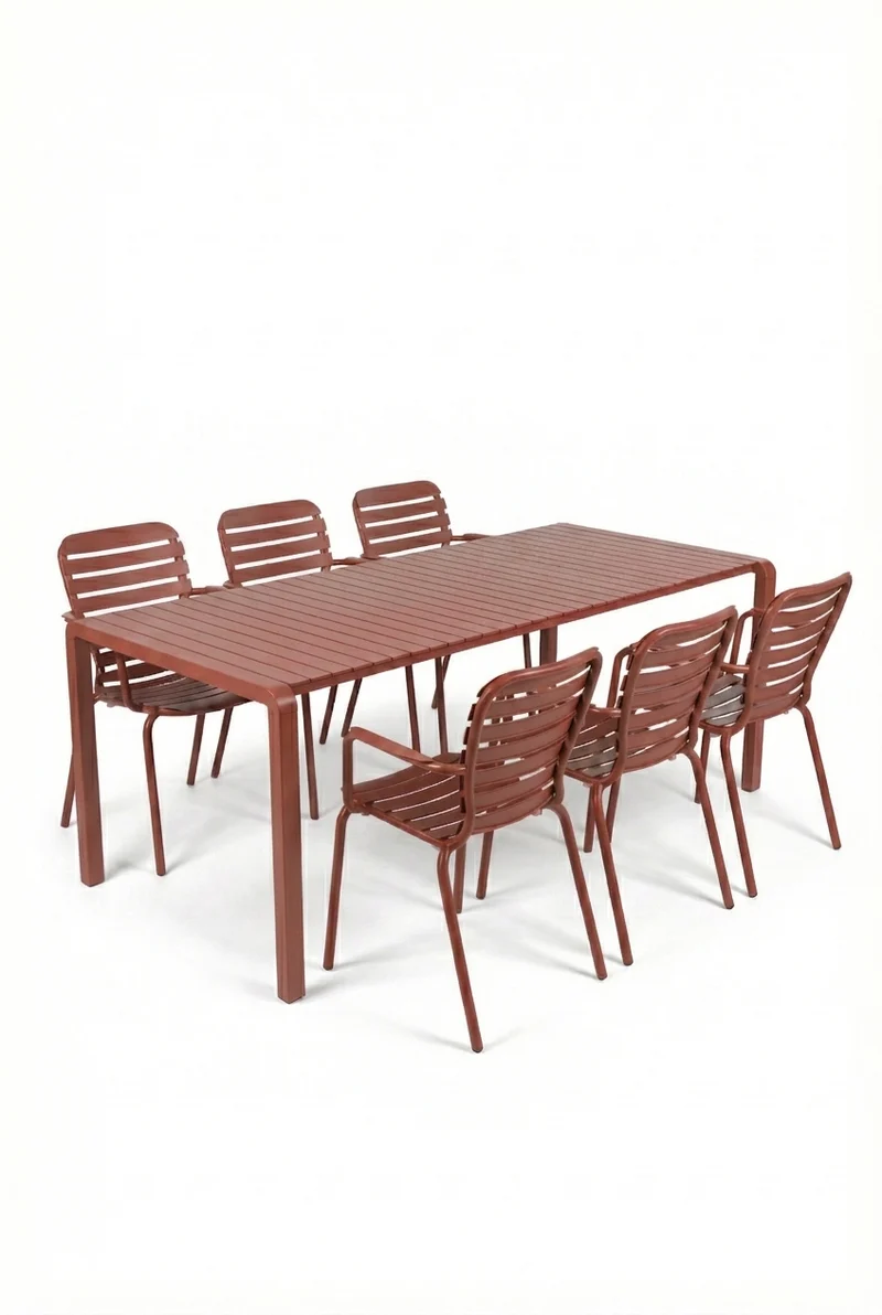 Esstisch Vondel 214 cm Gartenmöbel-Set mit 6 Armlehnstühlen in Rot