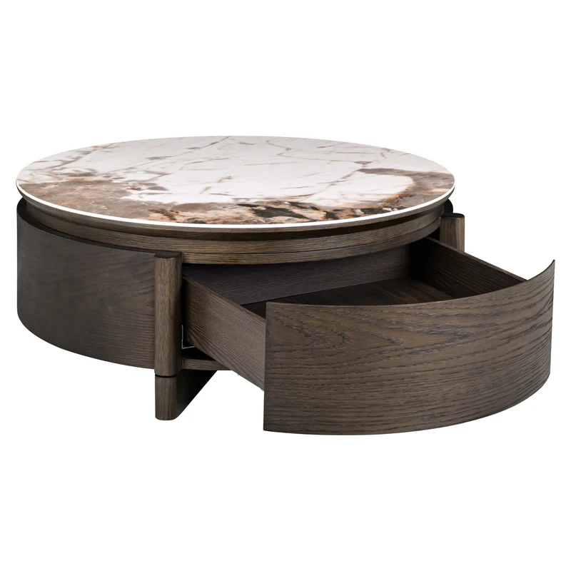 Couchtisch Langford Ø90 cm braun mit Keramikplatte & Schublade