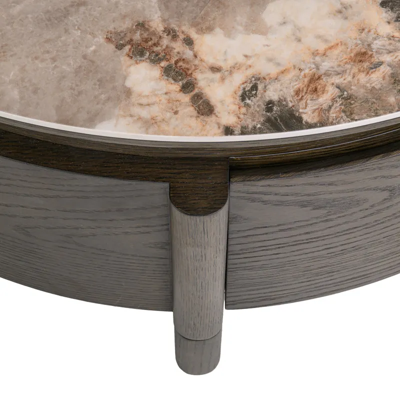 Couchtisch Langford Ø90 cm braun mit Keramikplatte & Schublade