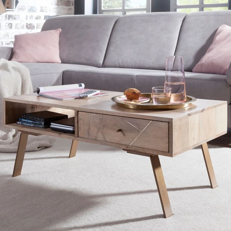 Couchtisch SIKAR 95x42x50cm Mango Massivholz Metall Schublade Braun