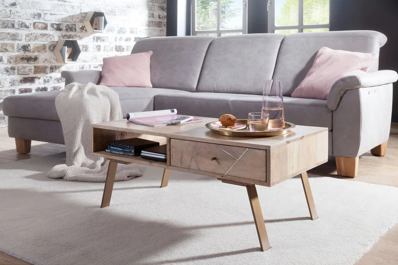 Couchtisch SIKAR 95x42x50cm Mango Massivholz Metall Schublade Braun
