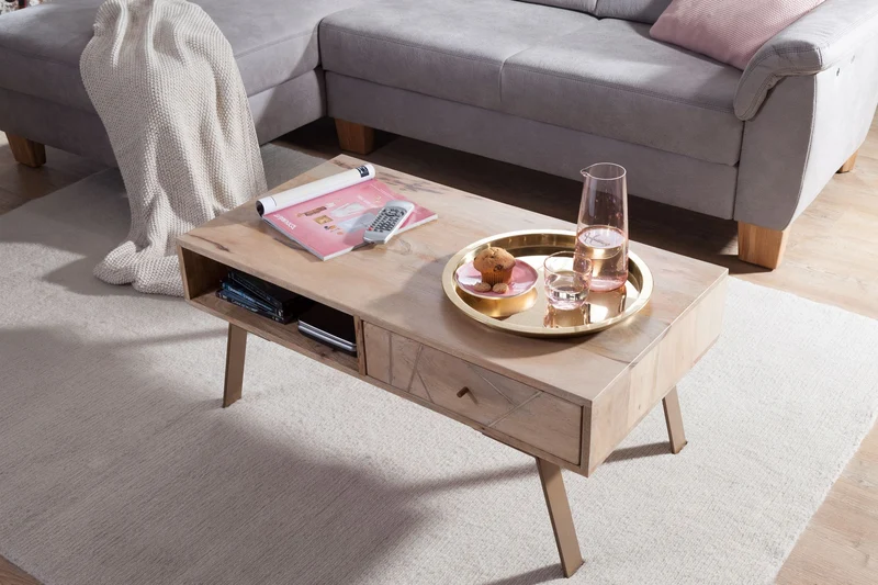 Couchtisch SIKAR 95x42x50cm Mango Massivholz Metall Schublade Braun