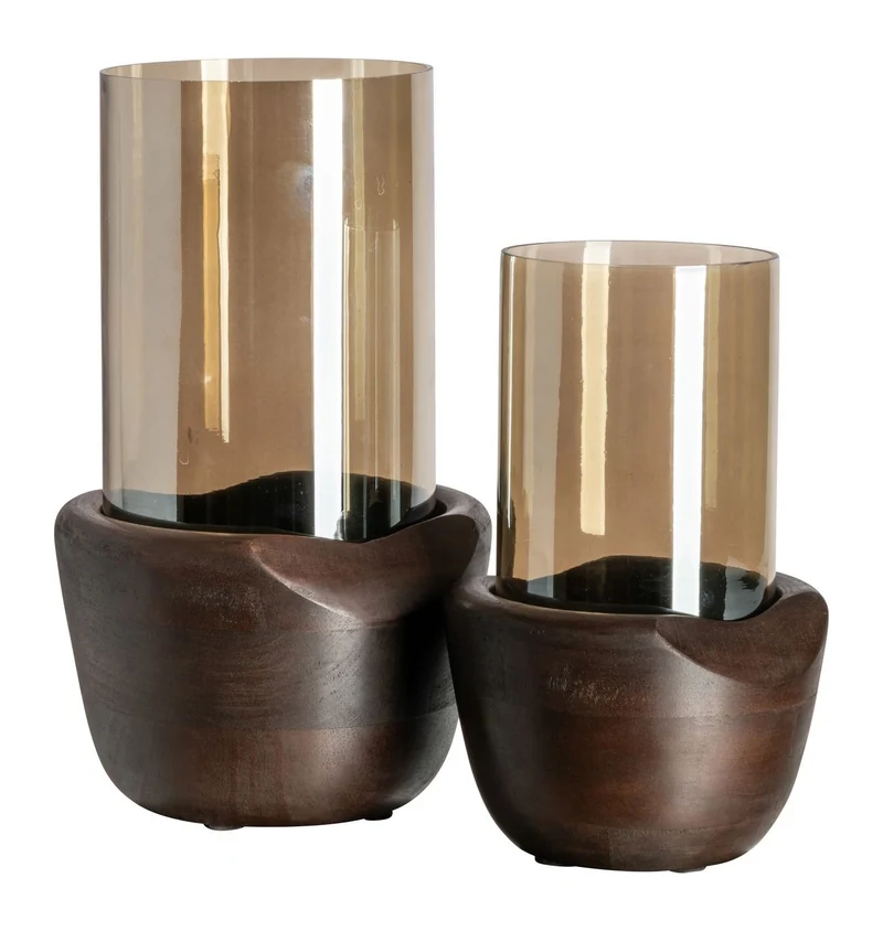 Windlicht Jade Small in Walnut – Eisen, Glas & Mangoholz, 21 cm