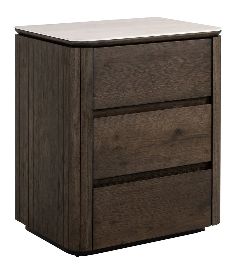 Nachttisch Ritz braun mit Travertin-Top, 3 Schubladen, Softclose