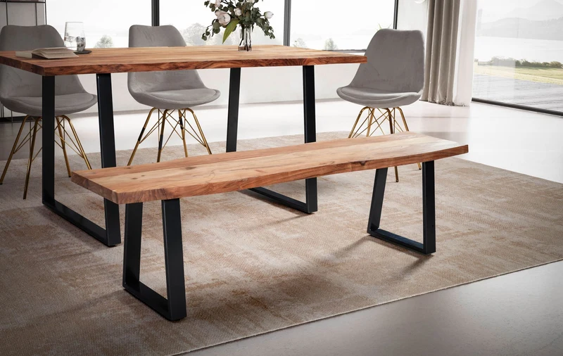 Esszimmerbank 160x40x45,5cm Akazie Massivholz Metall Baumkante Modern