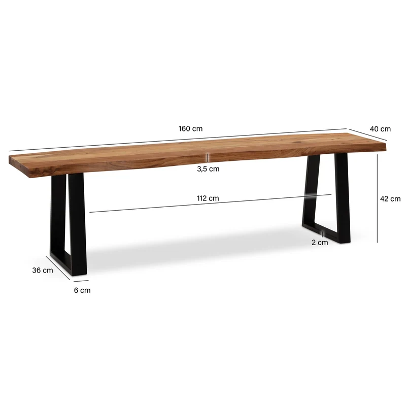 Esszimmerbank 160x40x45,5cm Akazie Massivholz Metall Baumkante Modern