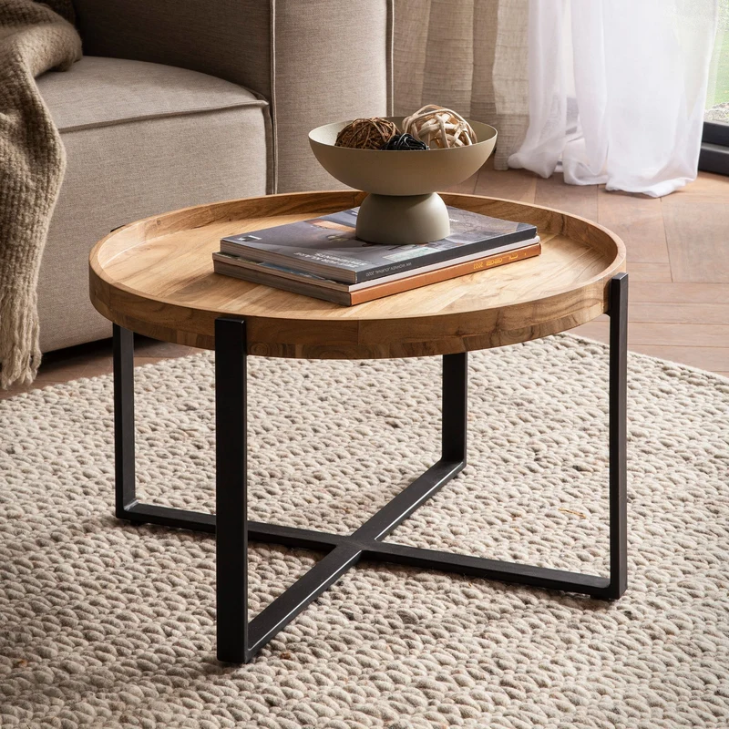 Couchtisch Akazie Massivholz Metall Rund 60x60x36cm Industrial Braun