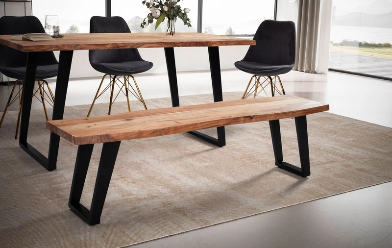 Esszimmerbank 160cm Akazie Massivholz Metall Baumkante U-Beine Modern