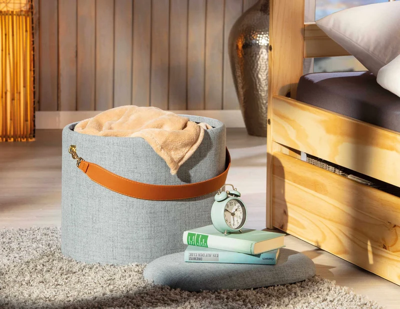 Hocker DILIA Polsterhocker mit Stauraum Bezug in Grau und Trageband