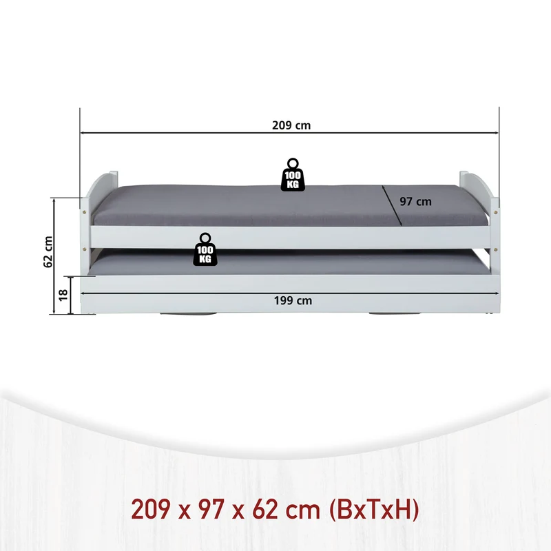 Ausziehbett Sofabett VINDAS 90 x 200 Kiefer Massivholz weiß