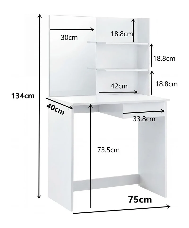 Schminktisch Wohnling 75 cm Weiß mit Spiegel, Regal und Schublade
