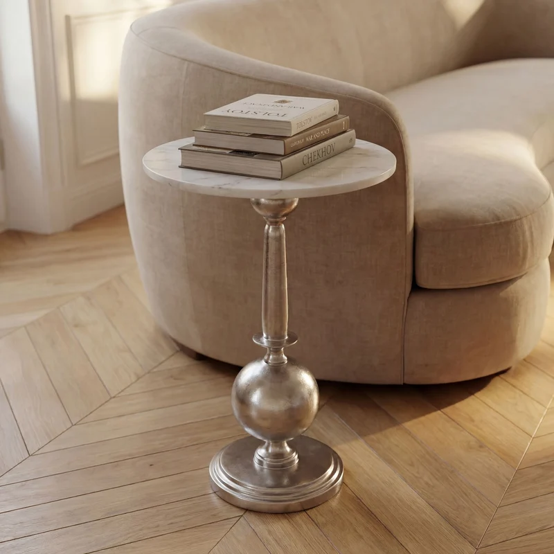 Beistelltisch Rund Marmor Weiß, Silbernes Gestell im Art-Déco-Design