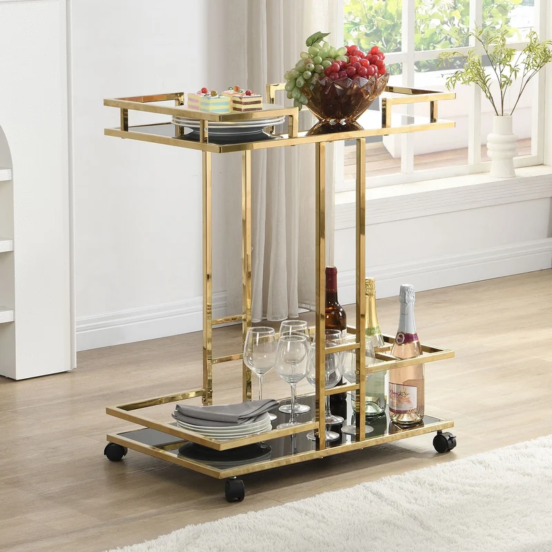 Servierwagen Gold mit Glasablagen auf Rollen, Barwagen Wohnling