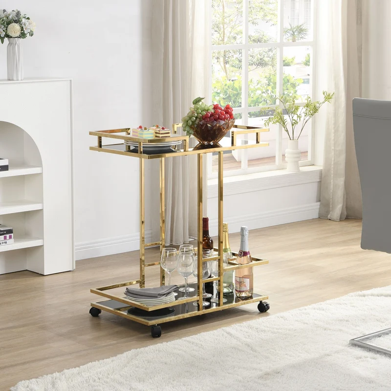 Servierwagen Gold mit Glasablagen auf Rollen, Barwagen Wohnling