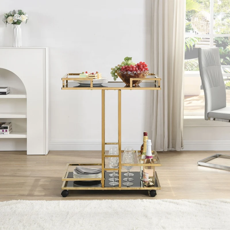 Servierwagen Gold mit Glasablagen auf Rollen, Barwagen Wohnling