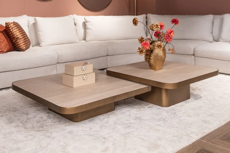 Couchtisch Claridge beige 100x100 cm - Glas, Eisen & Keramik