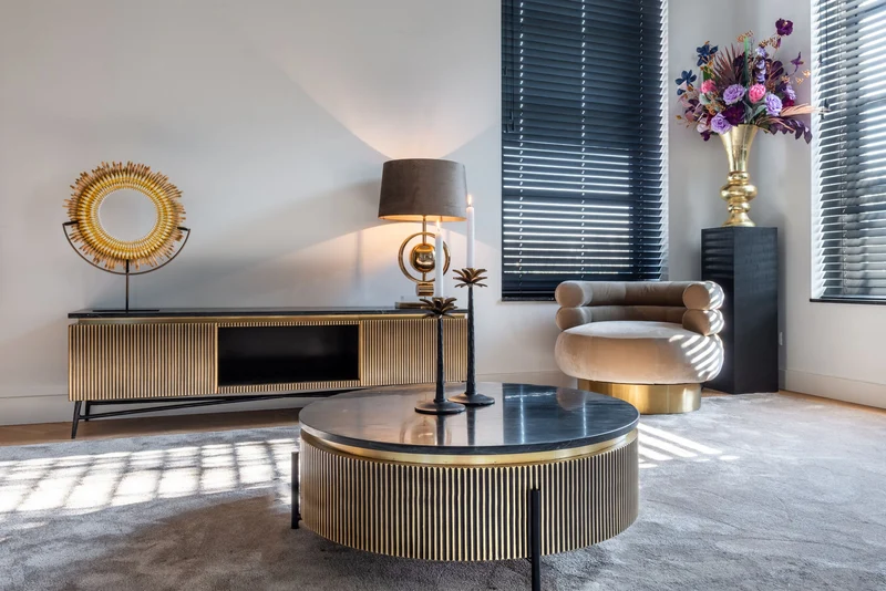 Beistelltisch Ironville gold 50Ø – Mid Century Design mit Marmorplatte
