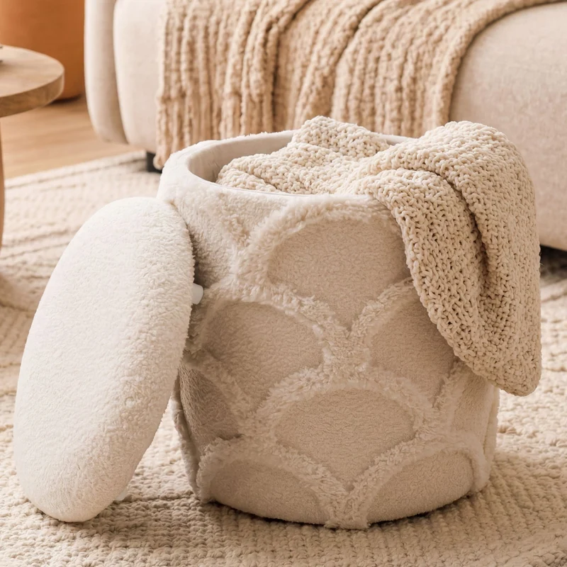 Sitz- & Fußhocker Boho mit Stauraum aus Teddystoff, Creme, Ø40 cm