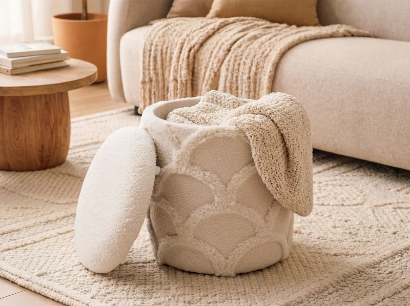 Sitz- & Fußhocker Boho mit Stauraum aus Teddystoff, Creme, Ø40 cm