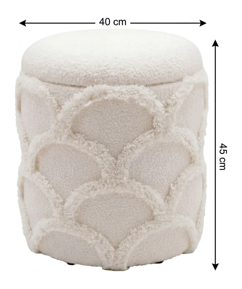 Sitz- & Fußhocker Boho mit Stauraum aus Teddystoff, Creme, Ø40 cm