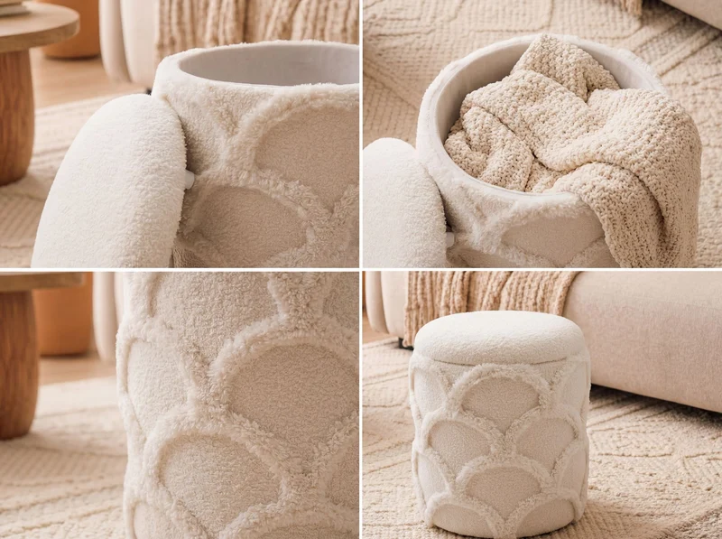 Sitz- & Fußhocker Boho mit Stauraum aus Teddystoff, Creme, Ø40 cm