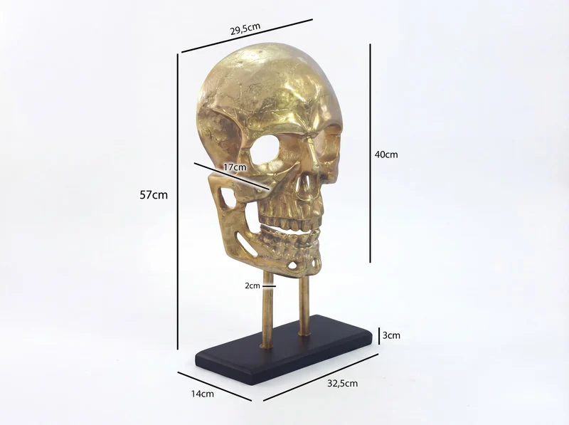Deko-Totenkopf Skull Aluminium Gold 57 cm mit Standfuß, Handmade