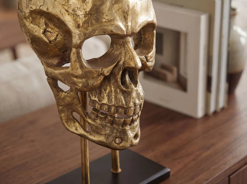 Deko-Totenkopf Skull Aluminium Gold 57 cm mit Standfuß, Handmade