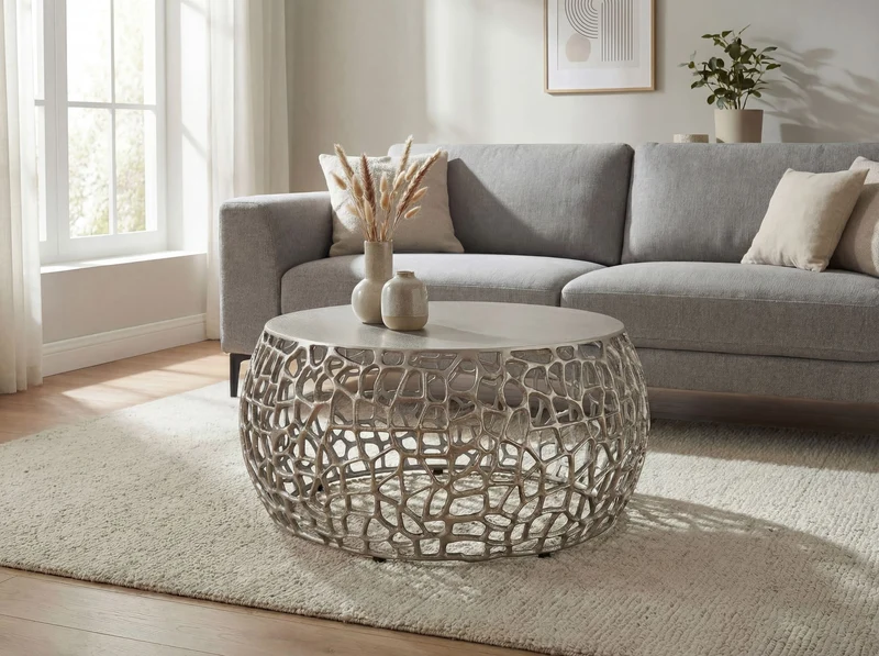 Couchtisch Wohnling aus Aluminium in Silber mit Astmuster, rund 60 cm