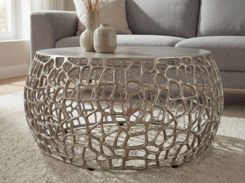 Couchtisch Wohnling aus Aluminium in Silber mit Astmuster, rund 60 cm