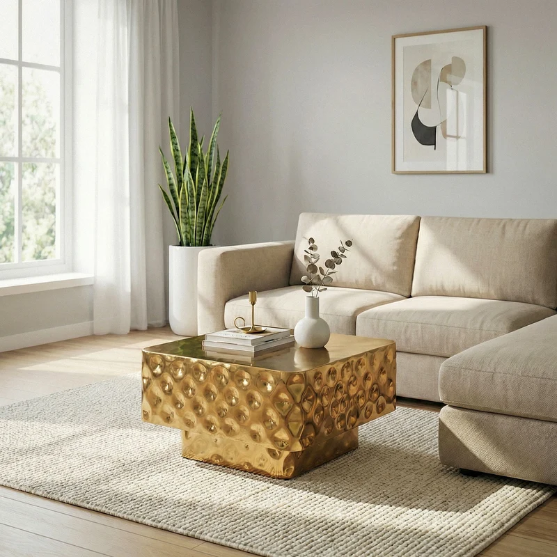 Couchtisch Aluminium Gold 60x60 cm mit gehämmerter Hammerschlag-Optik
