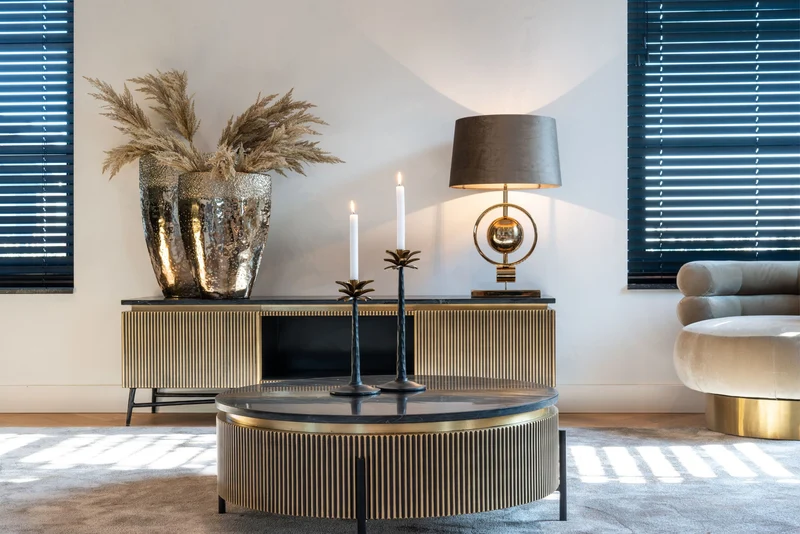 TV-Schrank Ironville gold – Mid-Century Design mit Marmorplatte