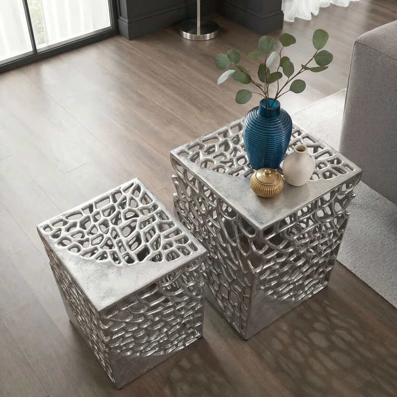 Beistelltisch Aluminium 2er-Set Silber – Design-Satztisch Wohnzimmer