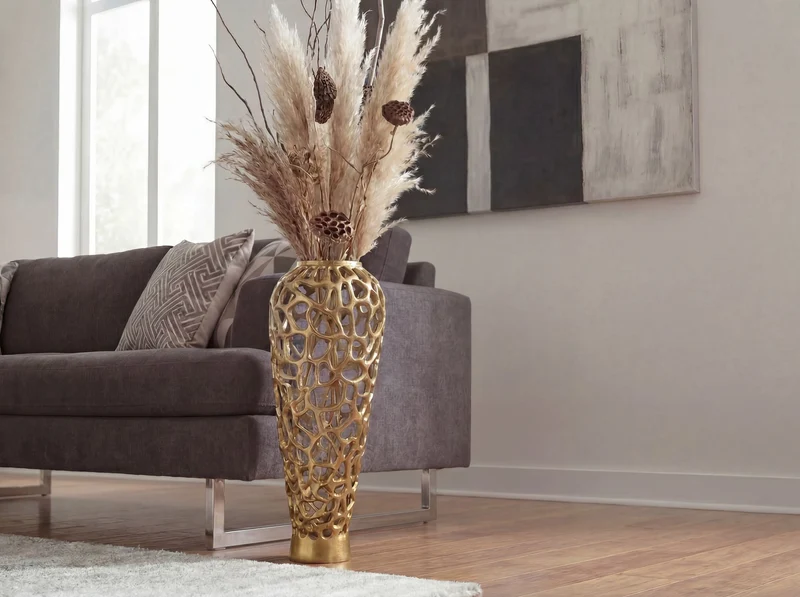 Bodenvase Aluminium Gold 85 cm, XXL Standvase handmade fürs Wohnzimmer