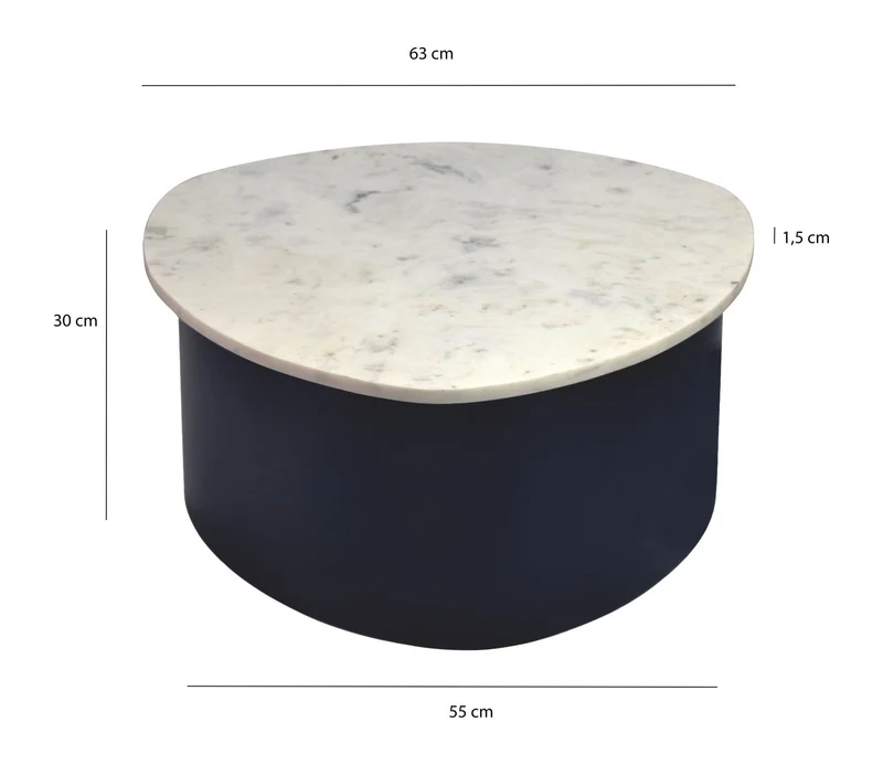 Couchtisch Marmor Weiß mit schwarzem Aluminiumgestell, organische Form