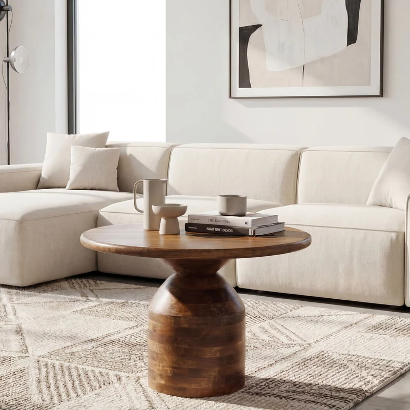 Couchtisch Mango Massivholz rund, 60 cm mit Säulenfuß, Wohnzimmer