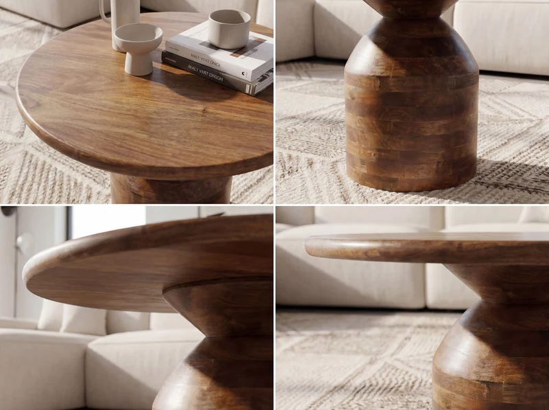 Couchtisch Mango Massivholz rund, 60 cm mit Säulenfuß, Wohnzimmer