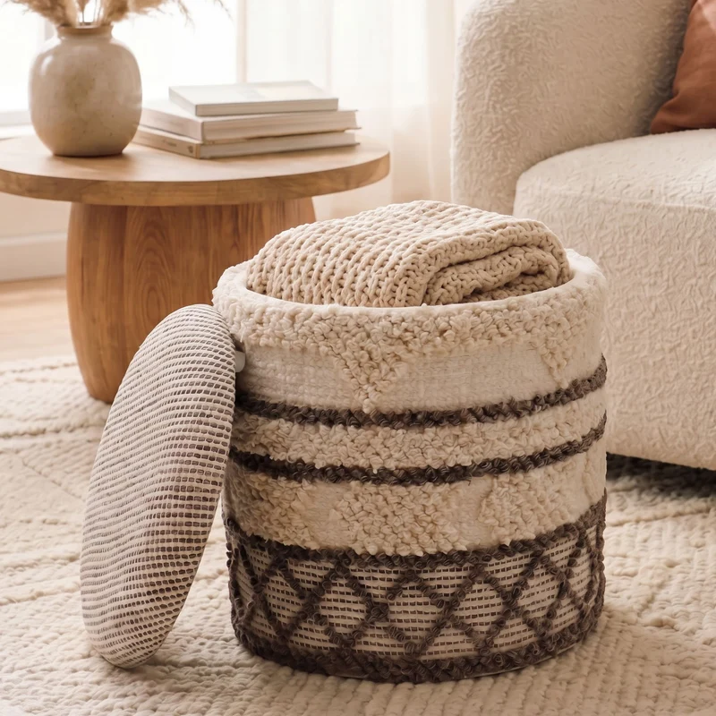 Sitzhocker mit Stauraum aus Wolle, Boho-Design Beige, 40 cm rund