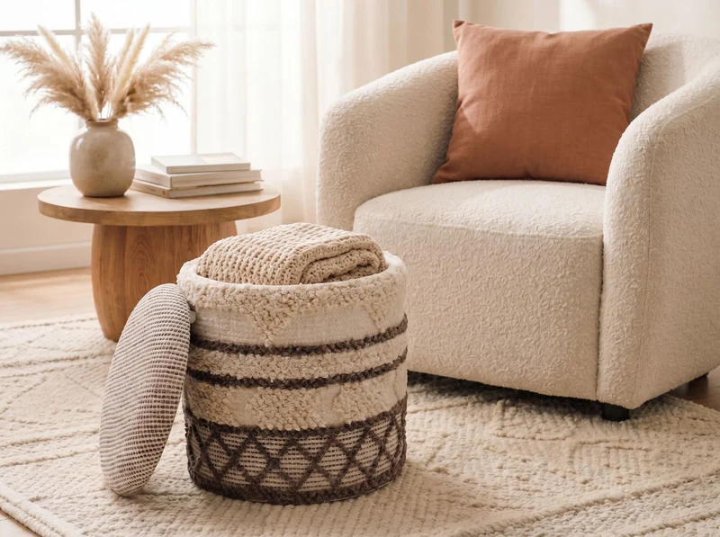 Sitzhocker mit Stauraum aus Wolle, Boho-Design Beige, 40 cm rund
