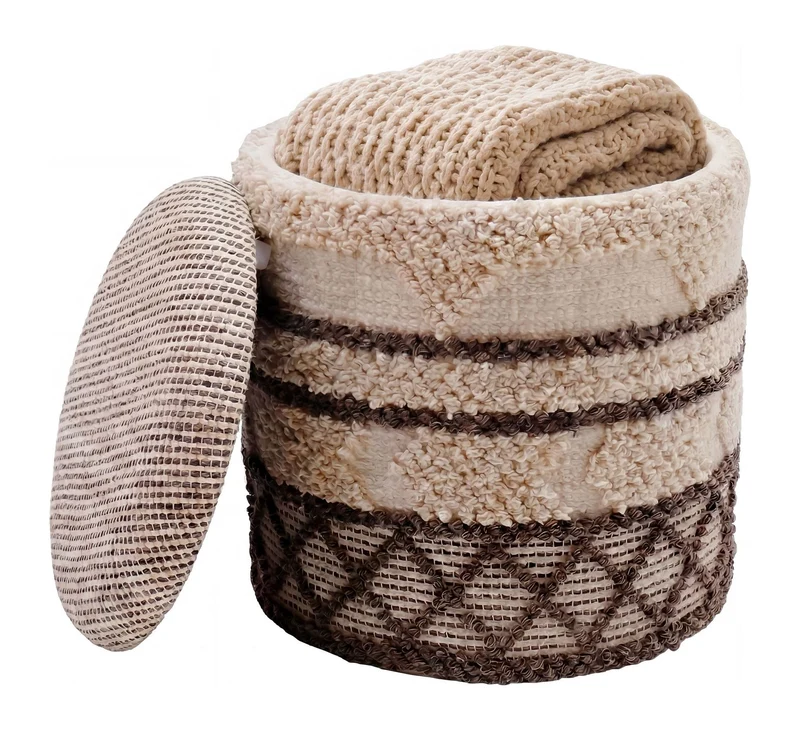 Sitzhocker mit Stauraum aus Wolle, Boho-Design Beige, 40 cm rund