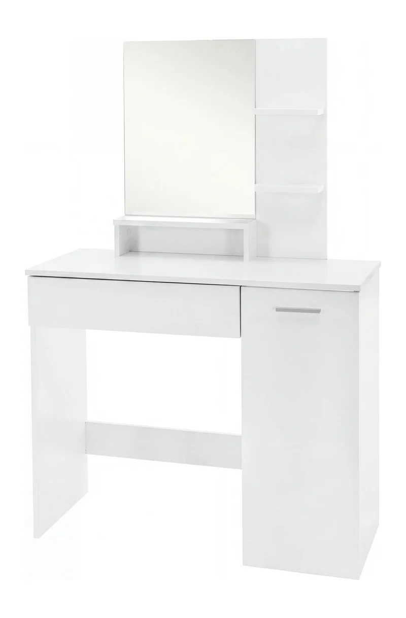 Schminktisch 90 cm Weiß groß mit Spiegel, Regal, Schublade und Tür