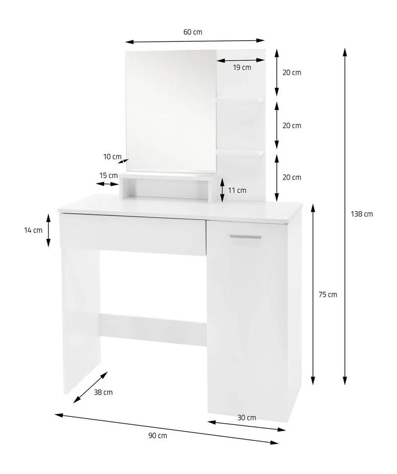 Schminktisch 90 cm Weiß groß mit Spiegel, Regal, Schublade und Tür