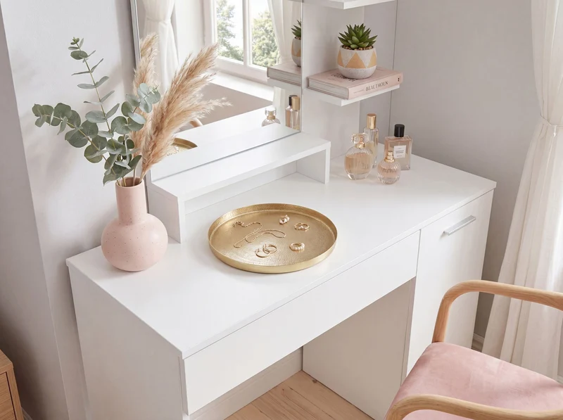 Schminktisch 90 cm Weiß groß mit Spiegel, Regal, Schublade und Tür