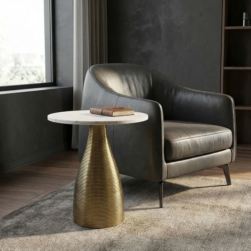 Beistelltisch Marmor Weiß mit goldenem Metallgestell, Ø40 cm
