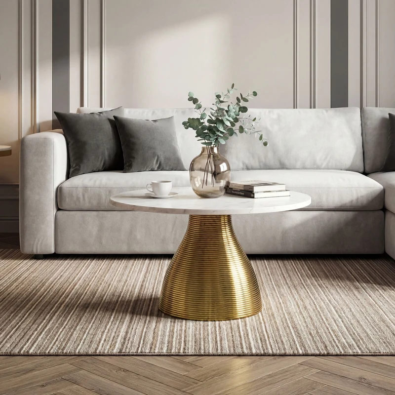 Couchtisch Marmor Weiß mit Aluminium-Gestell Gold, 60 cm, Wohnling