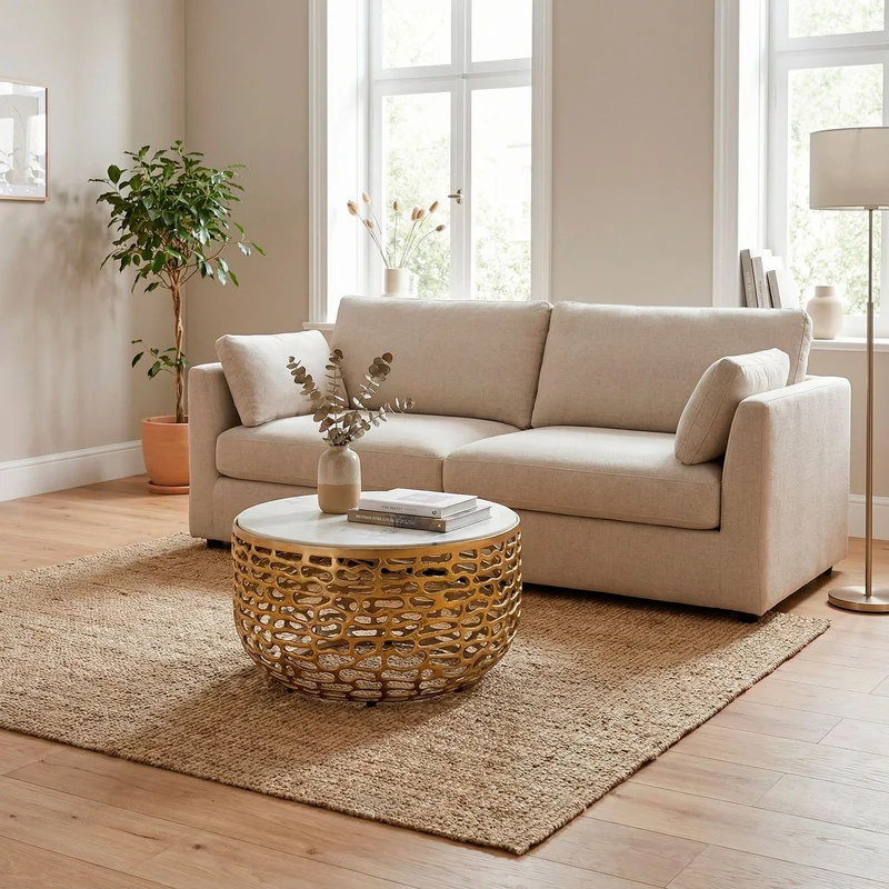 Couchtisch Marmor Gold-Weiß rund 60 cm mit Aluminiumgestell Wohnling