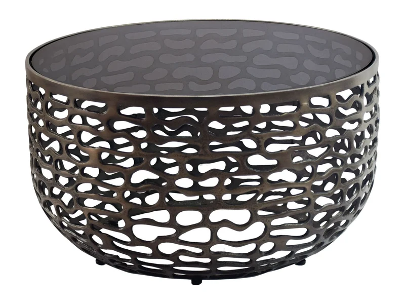 Runder Couchtisch 60 cm Schwarz aus Aluminium und Glas in Gitteroptik