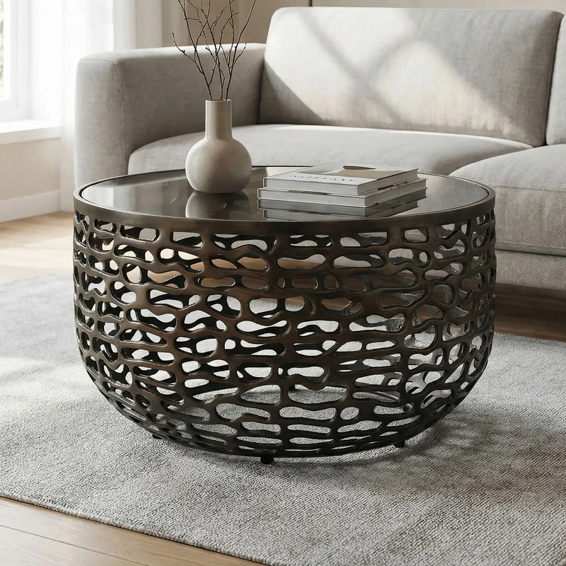 Runder Couchtisch 60 cm Schwarz aus Aluminium und Glas in Gitteroptik