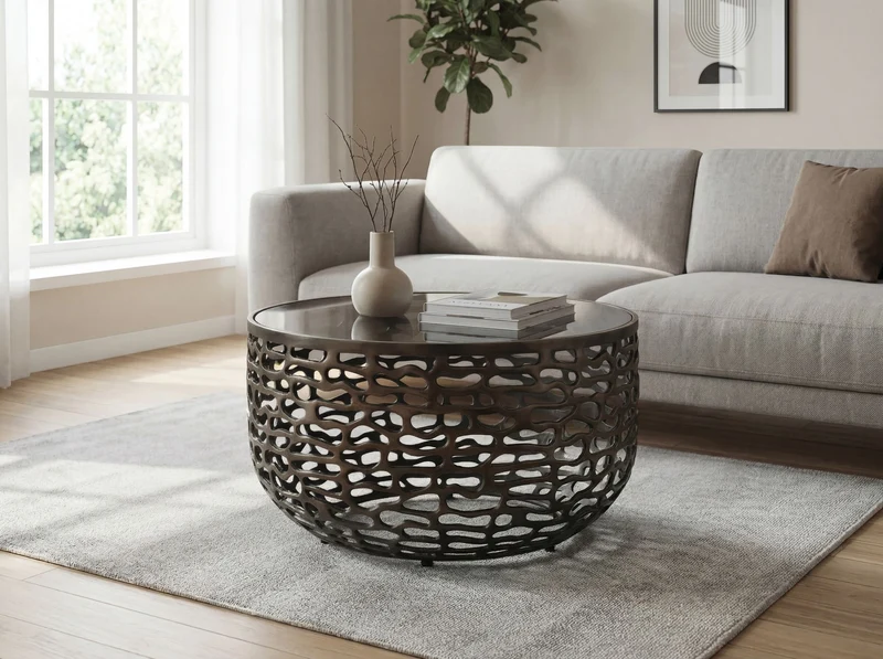Runder Couchtisch 60 cm Schwarz aus Aluminium und Glas in Gitteroptik